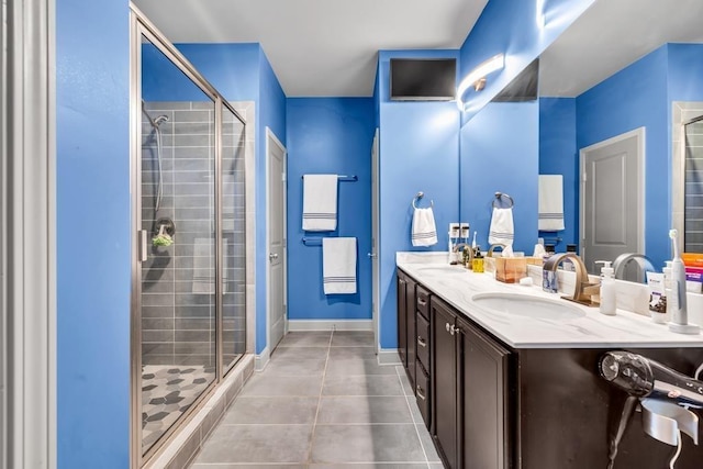 386 Summersong Pl, Talmo, GA 30575 - bathroom featuring a stall shower, double vanity, and tile patterned floors