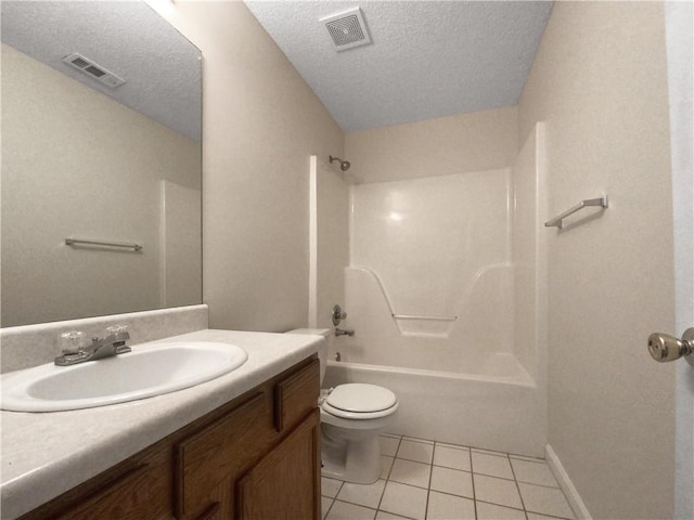 full bathroom with vanity, tile patterned flooring, toilet, a textured ceiling, and shower / bath combination