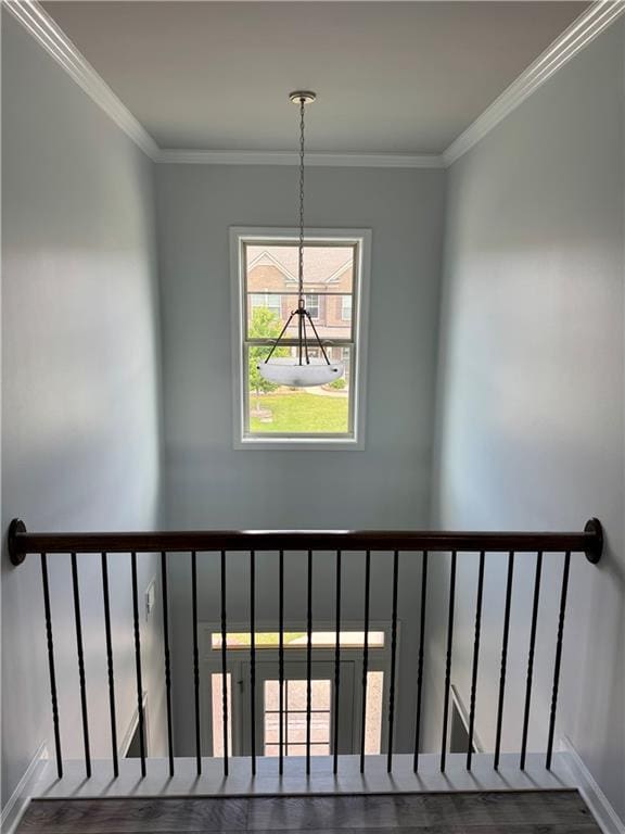 4416 Birch Meadow Trl, Gainesville, GA 30504 - staircase with wood finished floors, baseboards, ornamental molding, and a chandelier