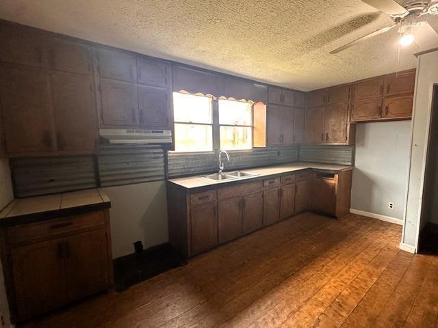 29 Ivy St, Porterdale, GA 30014 - kitchen featuring under cabinet range hood, wood-type flooring, a ceiling fan, a sink, and a textured ceiling