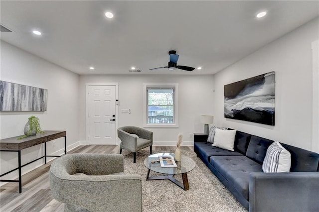 538 Center Hill Ave NW, Atlanta, GA 30318 - living room featuring baseboards, recessed lighting, light wood-style floors, and a ceiling fan