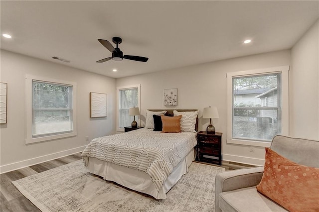 538 Center Hill Ave NW, Atlanta, GA 30318 - bedroom featuring baseboards, recessed lighting, a ceiling fan, visible vents, and wood finished floors