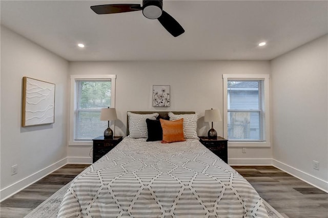 538 Center Hill Ave NW, Atlanta, GA 30318 - bedroom featuring ceiling fan, baseboards, dark wood finished floors, and recessed lighting