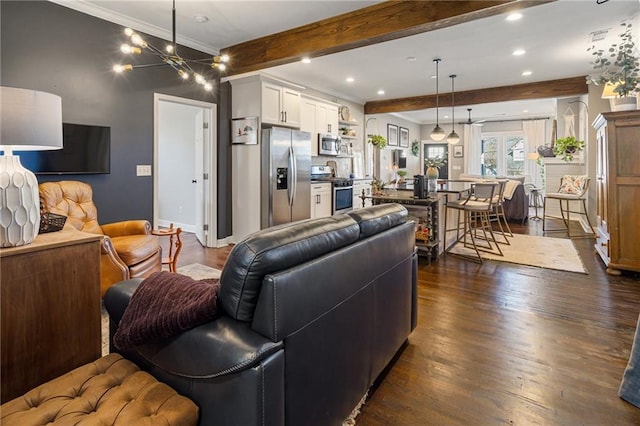 living room with crown molding, beam ceiling, dark hardwood / wood-style flooring, and a notable chandelier