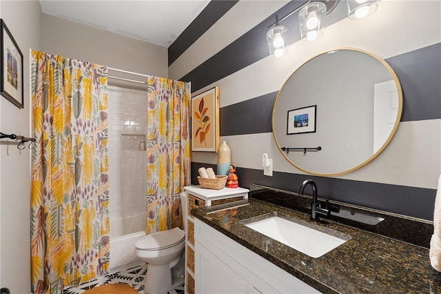 full bathroom featuring vanity, shower / bath combination with curtain, and toilet