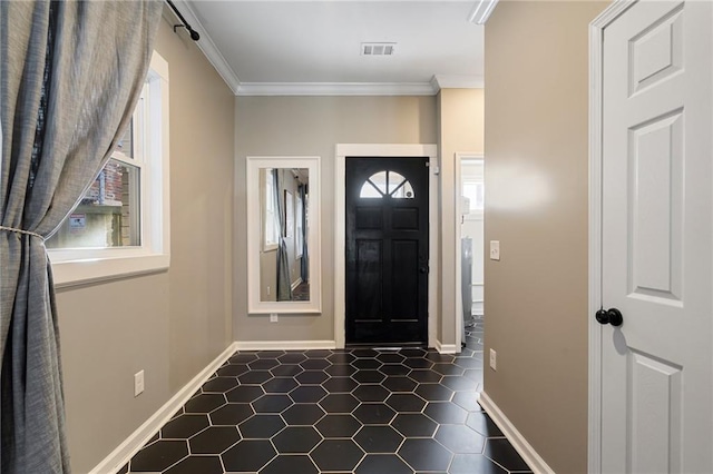 foyer with crown molding and a healthy amount of sunlight