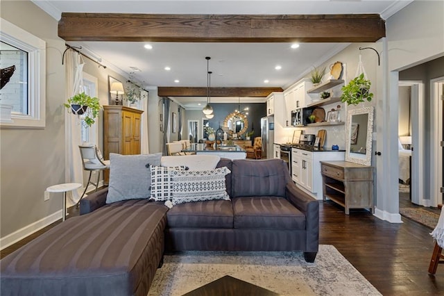 living room featuring beamed ceiling, crown molding, and dark hardwood / wood-style floors