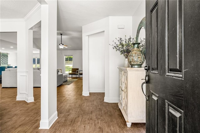137 Evergreen Ridge Ct, Statham, GA 30666 - foyer entrance featuring ceiling fan, baseboards, wood finished floors, ornamental molding, and decorative columns