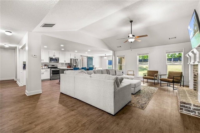 137 Evergreen Ridge Ct, Statham, GA 30666 - living room featuring lofted ceiling, dark wood-style flooring, a ceiling fan, baseboards, and a textured ceiling