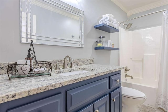 full bathroom featuring vanity, ornamental molding, shower / tub combo, and toilet