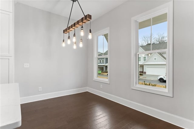 unfurnished dining area with dark wood-type flooring