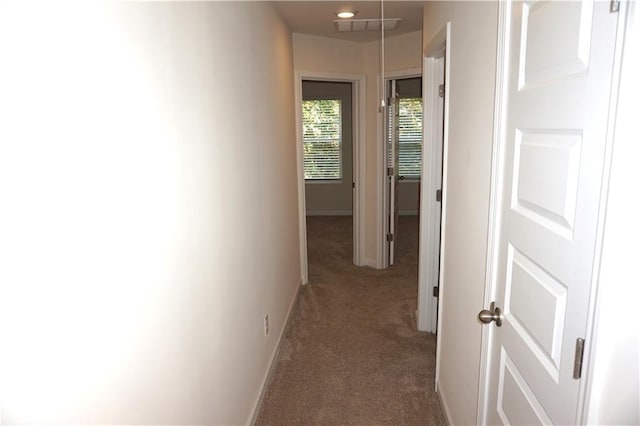 hall with baseboards, visible vents, and carpet flooring