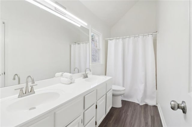 bathroom featuring toilet, vaulted ceiling, a sink, and wood finished floors