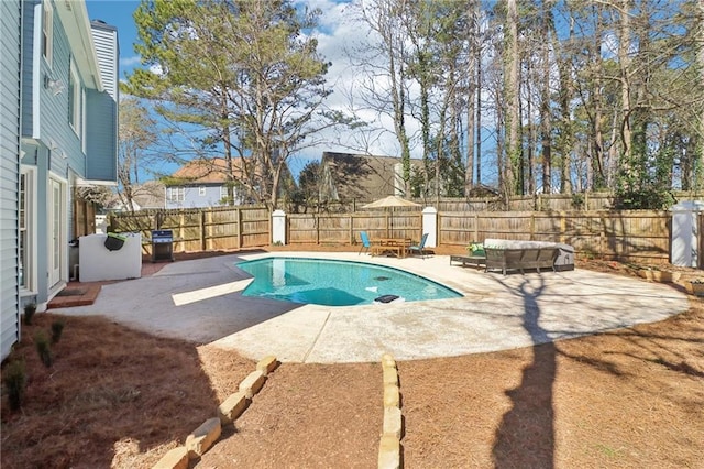 view of pool with a patio, a fenced backyard, an outdoor living space, and a fenced in pool