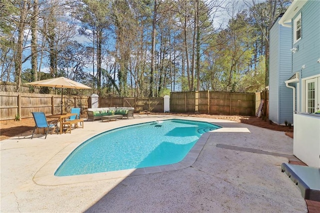 view of swimming pool with a fenced in pool, a patio area, a fenced backyard, and an outdoor hangout area