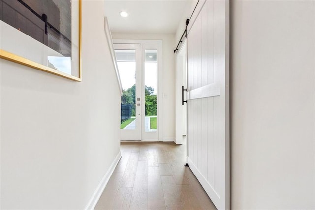 doorway featuring hardwood / wood-style flooring, plenty of natural light, and a barn door