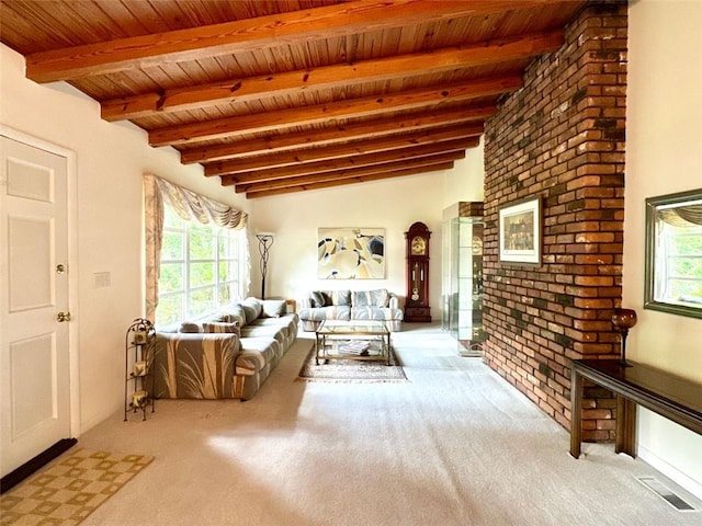 carpeted living room featuring vaulted ceiling with beams, wood ceiling, and a healthy amount of sunlight