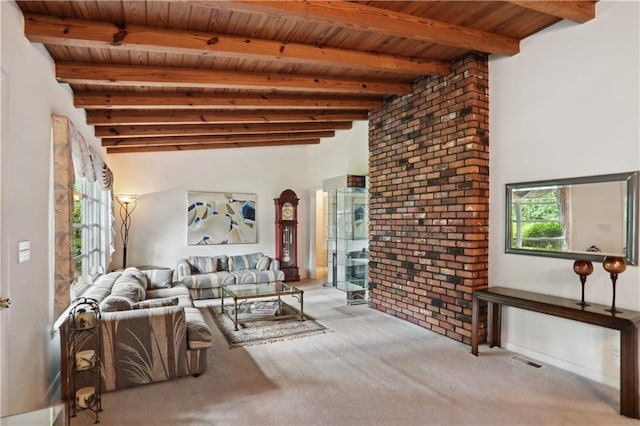 carpeted living room featuring wooden ceiling and vaulted ceiling with beams