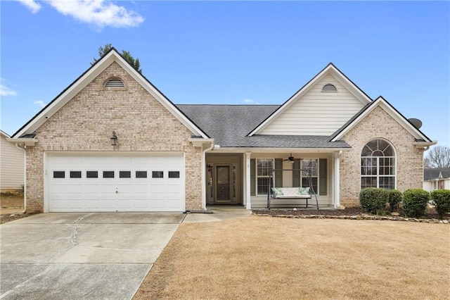 view of front of house with brick siding, a shingled roof, an attached garage, a front yard, and driveway