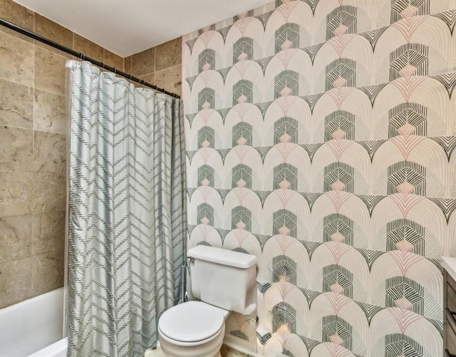 244 13th St NE Unit 302, Atlanta, GA 30309 - bathroom featuring shower / bath combination with curtain and tile walls
