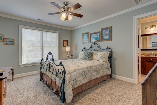 bedroom with light carpet, ornamental molding, and baseboards