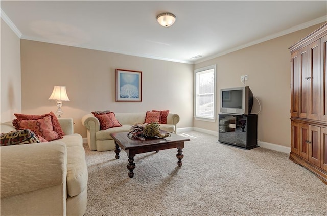 living room with light carpet, baseboards, and crown molding