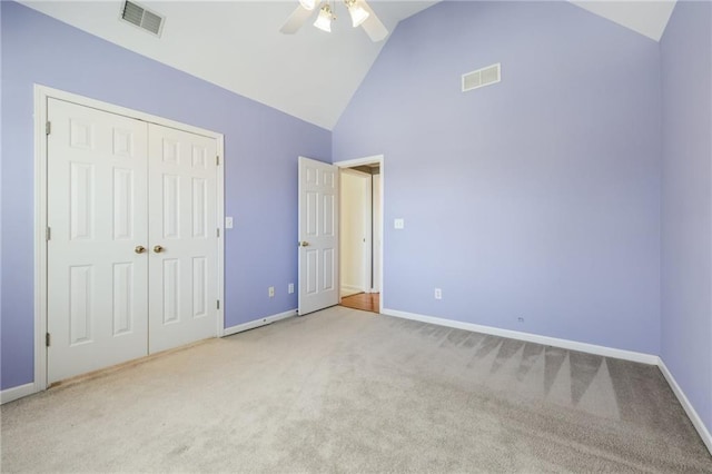 unfurnished bedroom with a closet, baseboards, visible vents, and carpet flooring