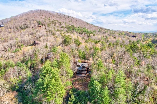 aerial view featuring a mountain view and a wooded view