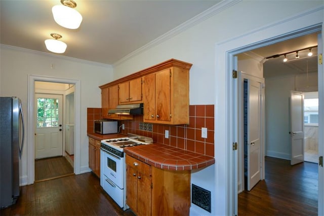 kitchen featuring stainless steel appliances, tasteful backsplash, crown molding, tile counters, and dark hardwood / wood-style floors