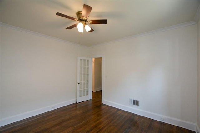 empty room with dark hardwood / wood-style floors, ceiling fan, and ornamental molding