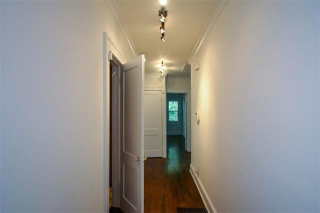 hallway featuring crown molding, dark hardwood / wood-style flooring, and track lighting