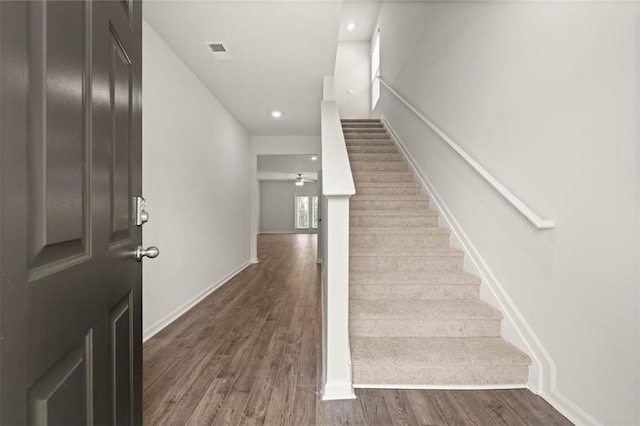 stairs featuring wood-type flooring and ceiling fan