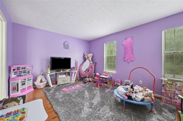 playroom with a textured ceiling and wood finished floors