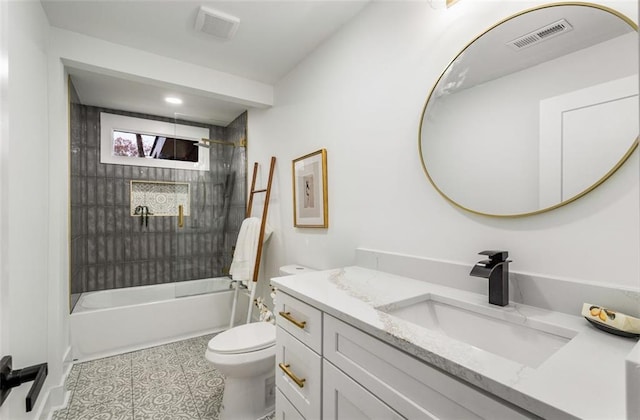 full bathroom with toilet, vanity, shower / bathtub combination, and recessed lighting