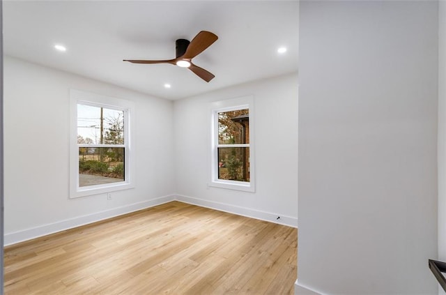 unfurnished room featuring light wood finished floors, baseboards, recessed lighting, and ceiling fan