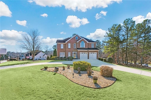 view of front of property featuring brick siding, a garage, driveway, and a front lawn