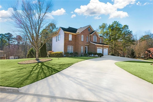 view of front facade featuring brick siding, an attached garage, concrete driveway, and a front lawn