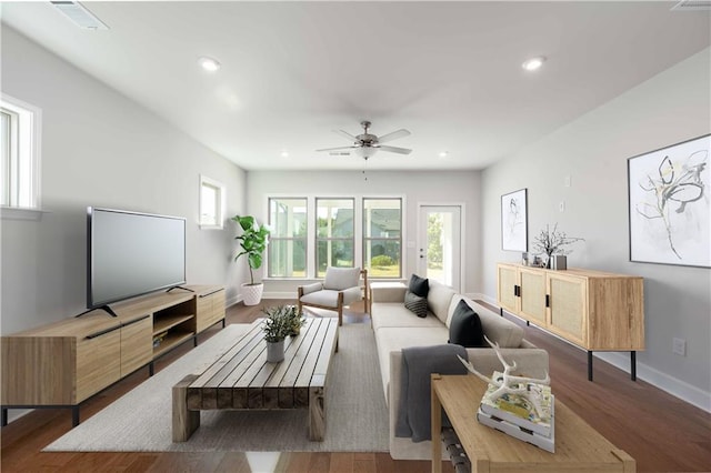 living room featuring ceiling fan and wood-type flooring