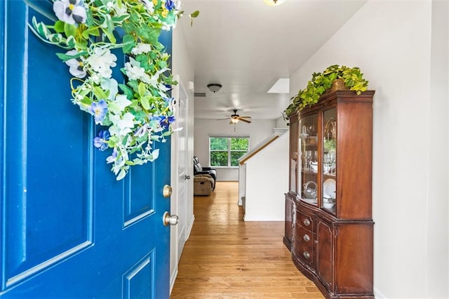 entryway featuring light wood-type flooring and ceiling fan
