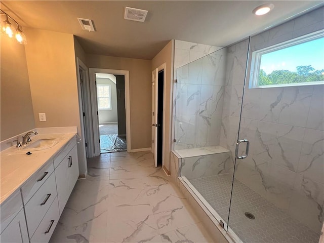 320 Willow Cv, Canton, GA 30114 - full bath with a wealth of natural light, visible vents, marble finish floor, and a marble finish shower
