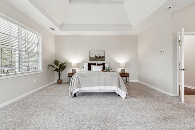 bedroom with carpet and a tray ceiling