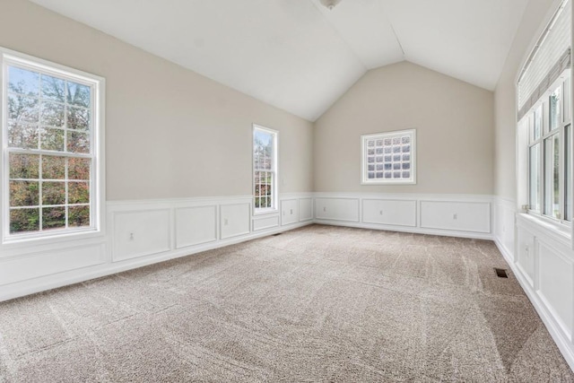 unfurnished room with carpet floors and lofted ceiling