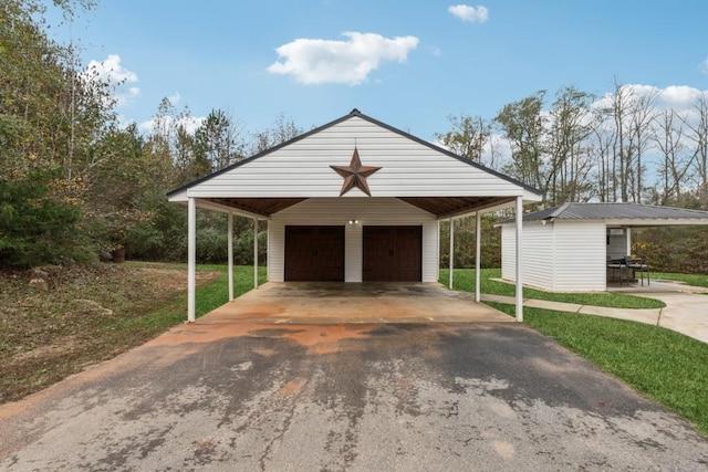 exterior space with a storage unit and a yard