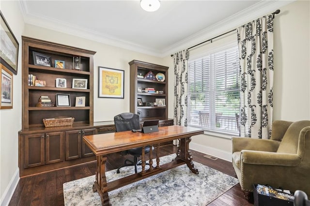 office with dark hardwood / wood-style flooring and ornamental molding