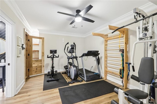 workout area with ceiling fan, crown molding, and light hardwood / wood-style flooring