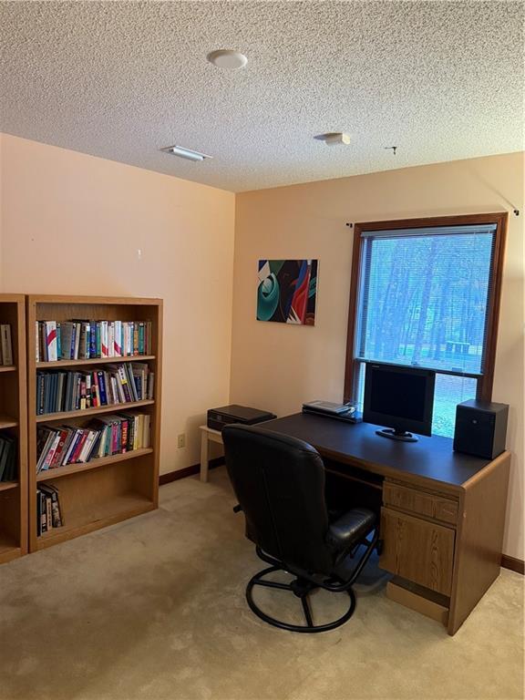 office with baseboards, light colored carpet, visible vents, and a textured ceiling