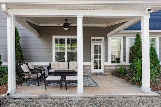 view of patio / terrace featuring ceiling fan and an outdoor hangout area