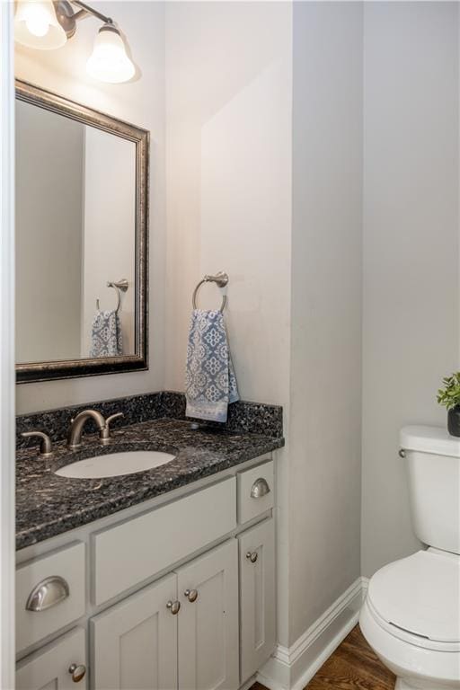 bathroom featuring vanity, wood-type flooring, and toilet