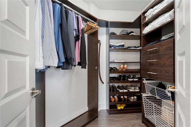 walk in closet featuring dark wood finished floors