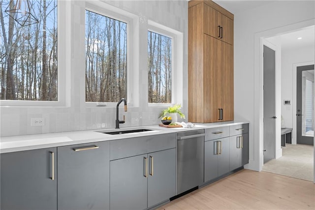 kitchen with sink, gray cabinets, dishwasher, backsplash, and light wood-type flooring